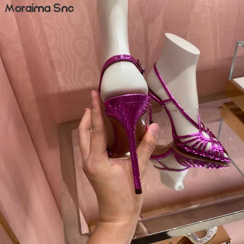 Summer Rhine-Drill Cross-Strap Sandals Fuchsia Black Pointed Stiletto Sandals Sexy Large Size Fashion Hollow Out Women's Pumps