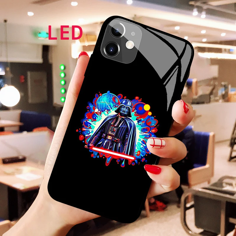 

Star Wars Darth Vader Luminous Tempered Glass phone case For Apple iphone 13 14 Pro Max Puls mini Luxury LED Backlight new cover