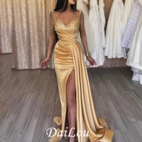 dailou champagne beaded formal evening dress sweetheart spaghetti strap pleats prom dresses side split celebrity party gowns