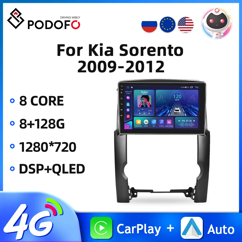 Podofo 2Din Car Radio Carplay For Kia Sorento 2009-2012 Multimedia Video Player GPS Navigation 8Core DSP Auto Stereo Autoradio