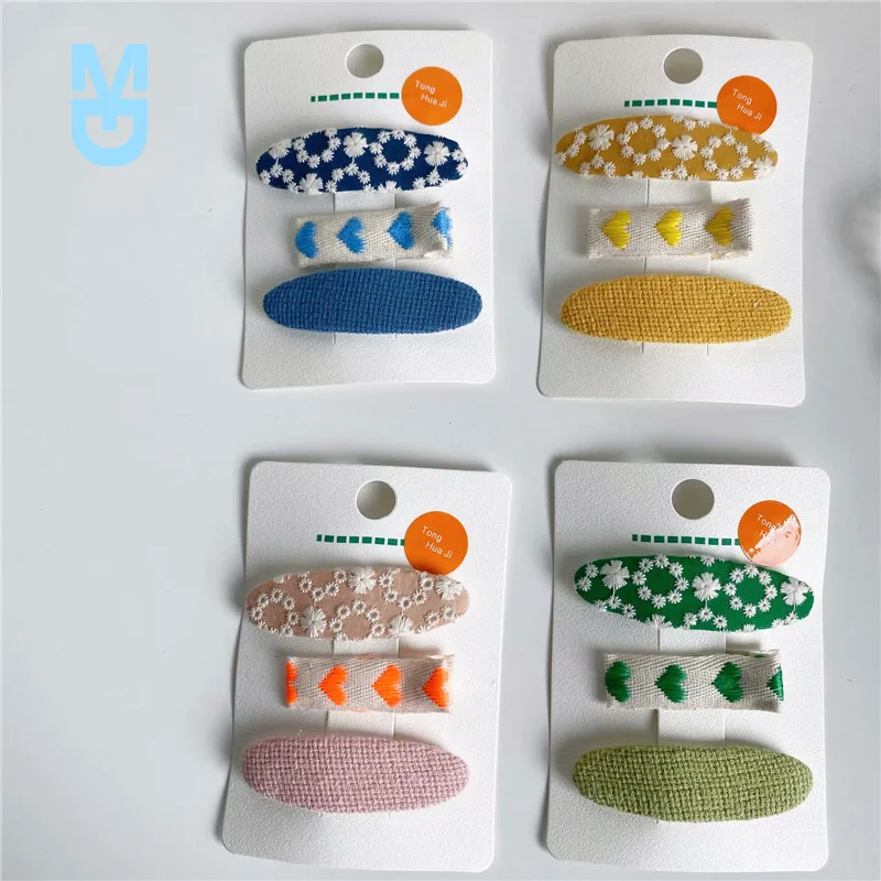 

New Embroidery Cotton Linen Baby Girls Cute Hairpin Korean Style Children Headwear 3pcs/set