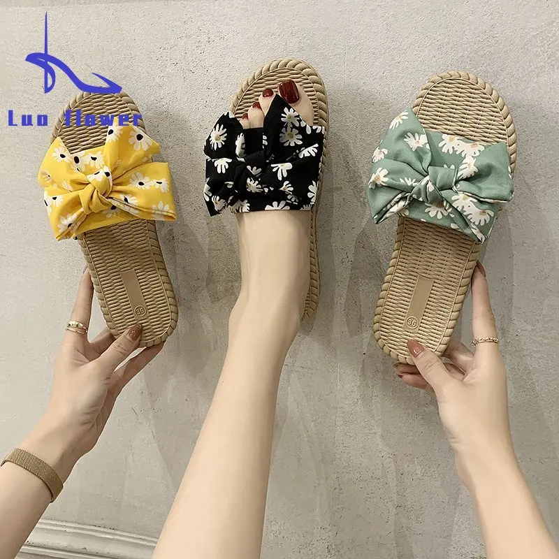 

2022 Summer Bohemia Floral Bow Slippers for Women New Casual Slides Breather Indoor Shoes Flip Flops Female Flat Sandals T