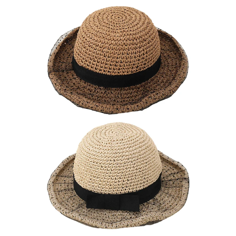 

Summer Women's Sun Hat Bucket cap Lace Flat top Straw Hats Beach Caps Women's Outdoor Travel Beach Straw Hat