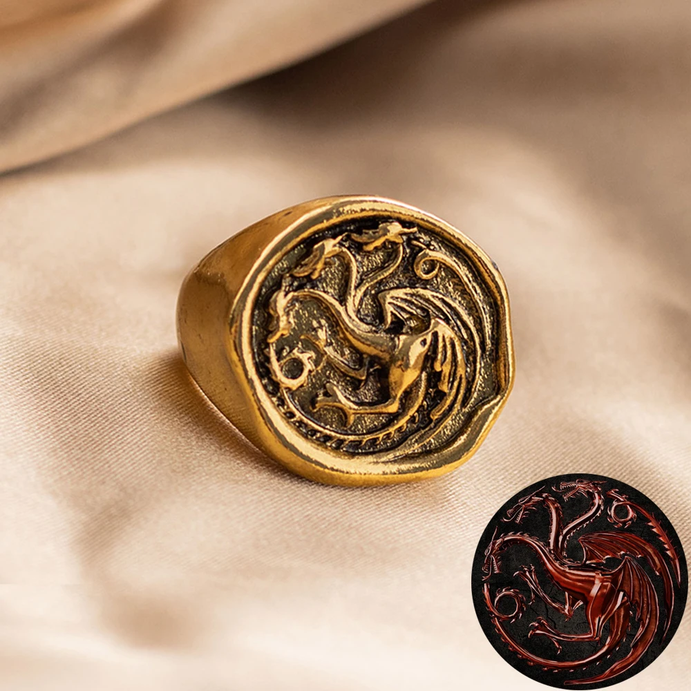 Dragon House Targaryen Ring Cosplay Three Head Dragon Golden Alloy Metal Rings Jewelry Party Costume Accessories