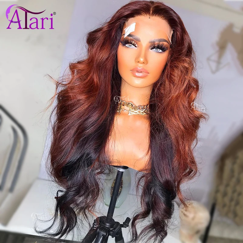 Ombre Reddish Brown with Black Body Wave 5x5 Lace Closure Wig Transparent 13x4 Lace Frontal Human Hair Wigs for Women Pre Pluck