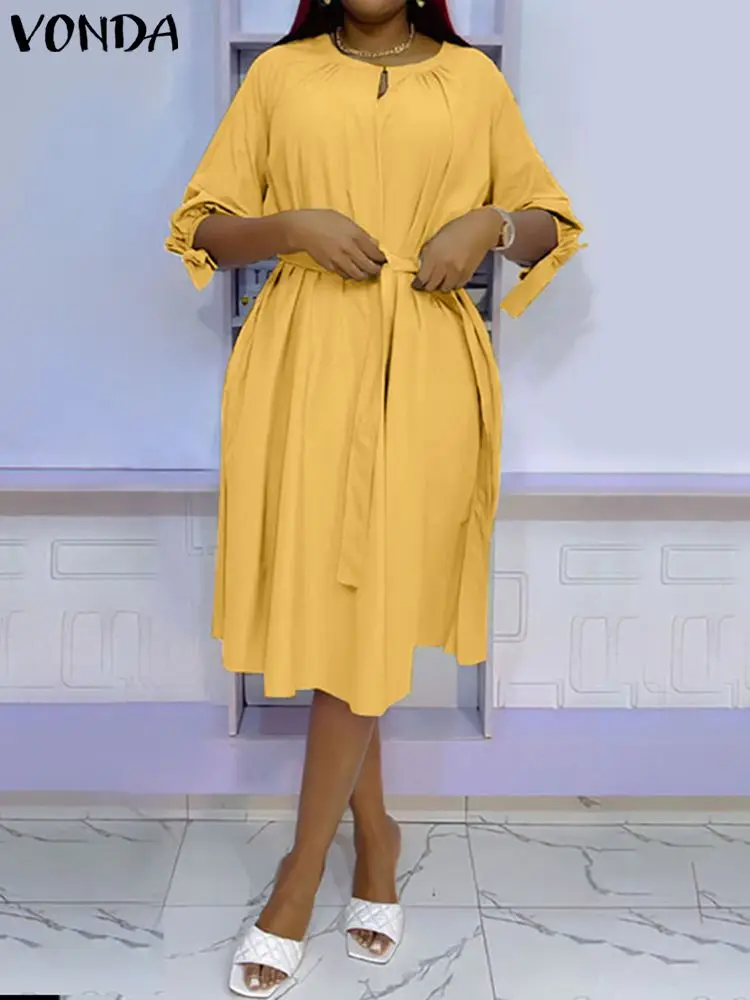 

Элегантное женское модное Повседневное платье-миди VONDA 2023, Осеннее однотонное платье-миди с буффами на рукавах и ремнем, свободное платье с круглым вырезом