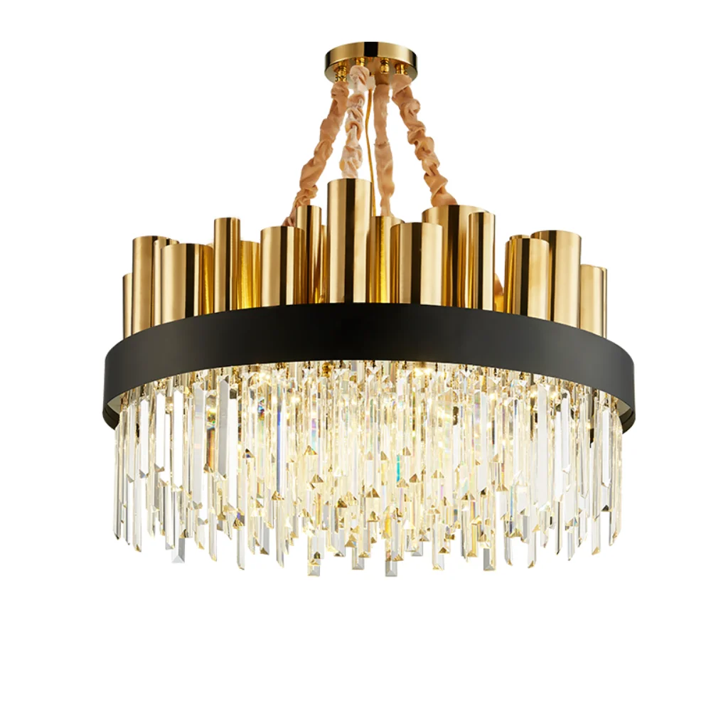 

Modern luxury crystal chandelier round stainless steel gold living room villa crystal decorative LED lamp