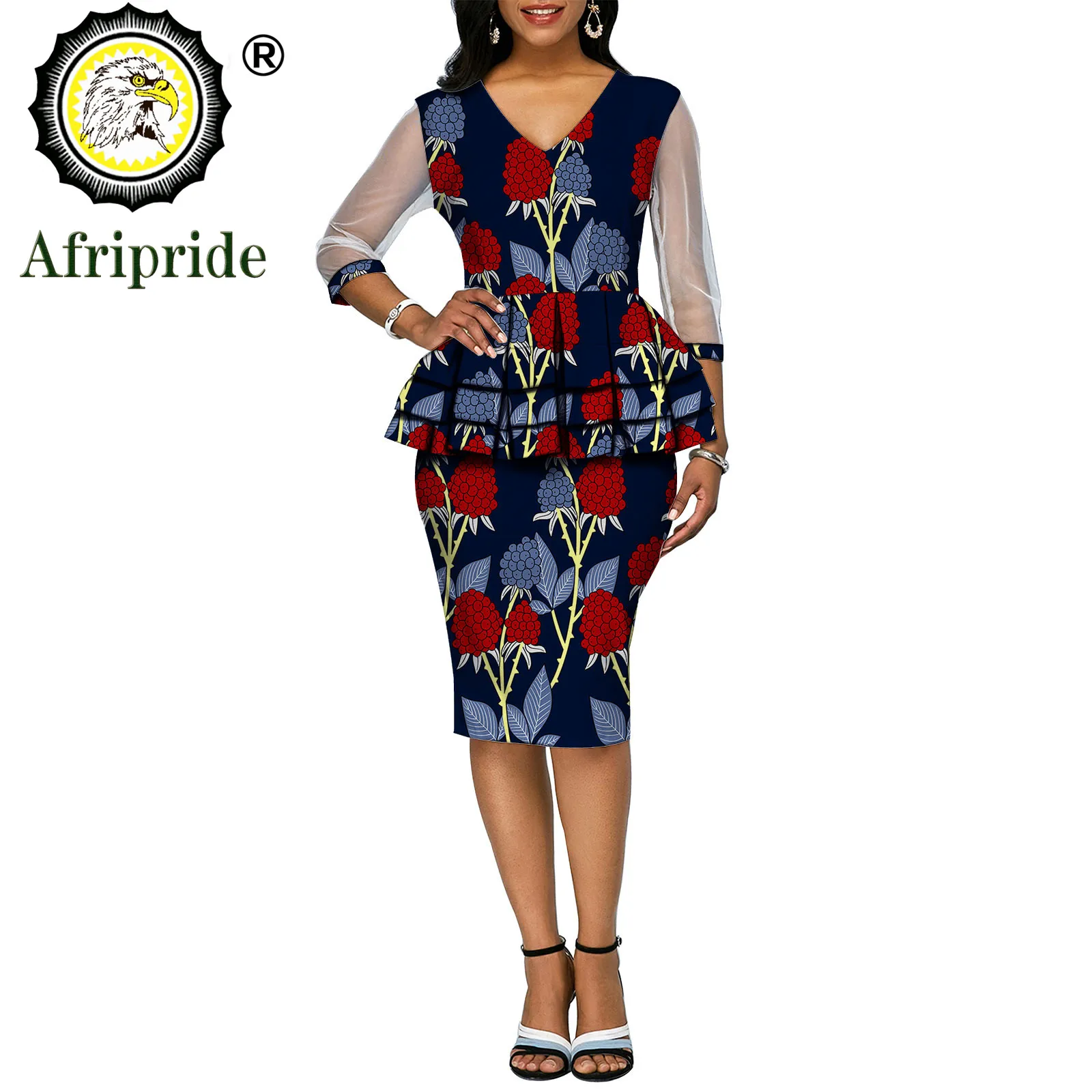 2022 African Bodycon Dresses for Women V-neck Print Dress Half Sleeve Knee-length Dress Dashiki Ankara Formal AFRIPRIDE S1925066