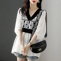 2022 fashion new loose temperament v neck shirt womens fake two piece chiffon five point sleeve all match top