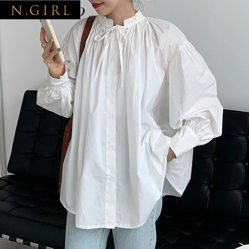 

Kimutomo Chic Loose Lace Pleated Drawstring Tie Shirt Woman Elegant Solid Simple Single Breast Lantern Sleeve Top Korea 2022 New