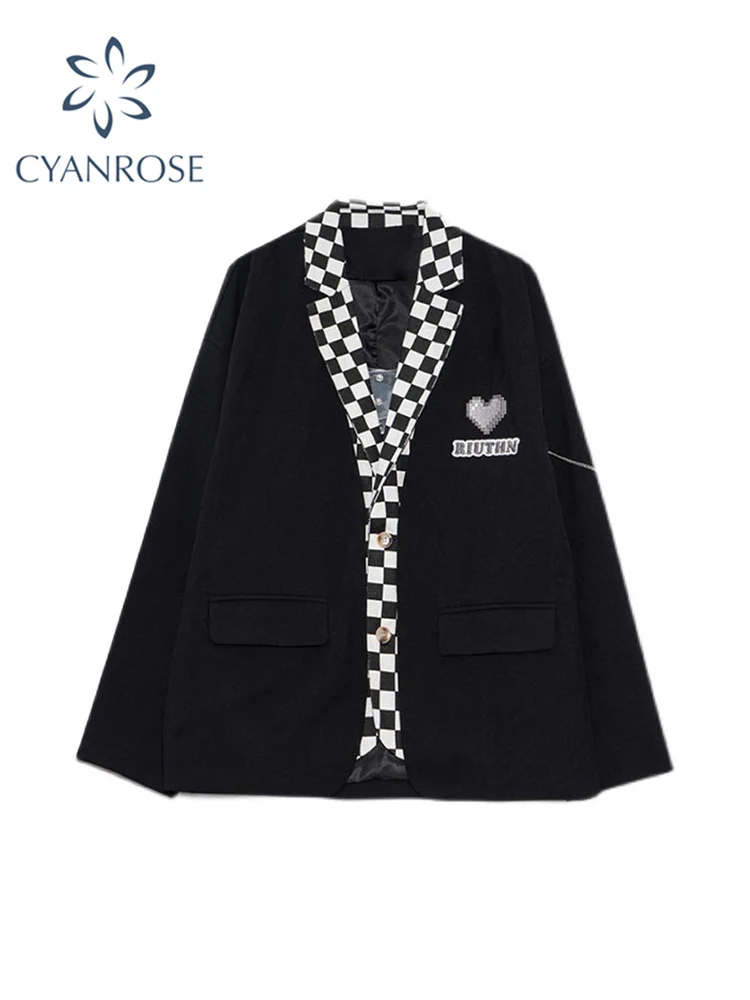 

New Autumn Women Suit Jacket Patchwork Long Sleeve Lapel Collar Single Breasted British Style Casual Loose Fake Two Piece Blazer