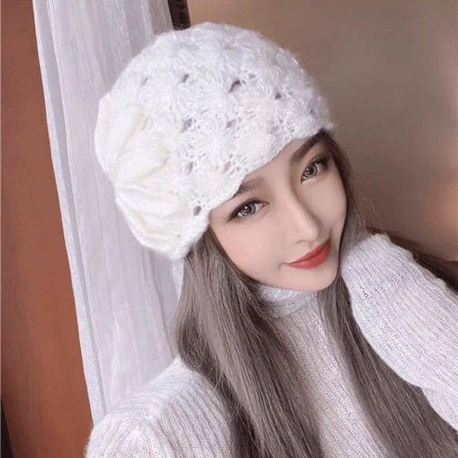 Japanese Knitted Women Hat Autumn Winter Handmade Flowers Warm  Hat Girl Fashion Student Leisure Pregnant Woman Hat White