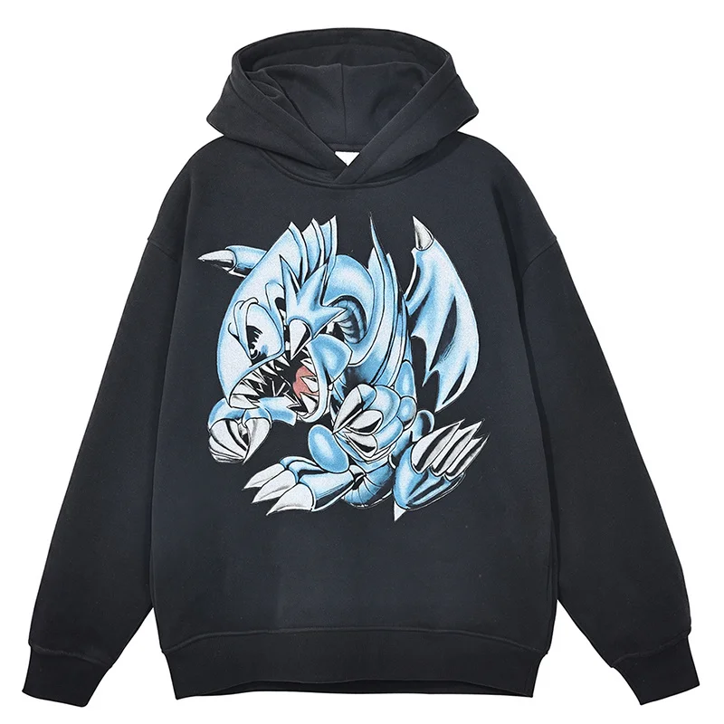 

Men Washed Black Hoodie Sweatshirt Harajuku Streetwear Anime Blue Dragon Graphic Cotton Hoodie Winter Fleece Hooded Pullover