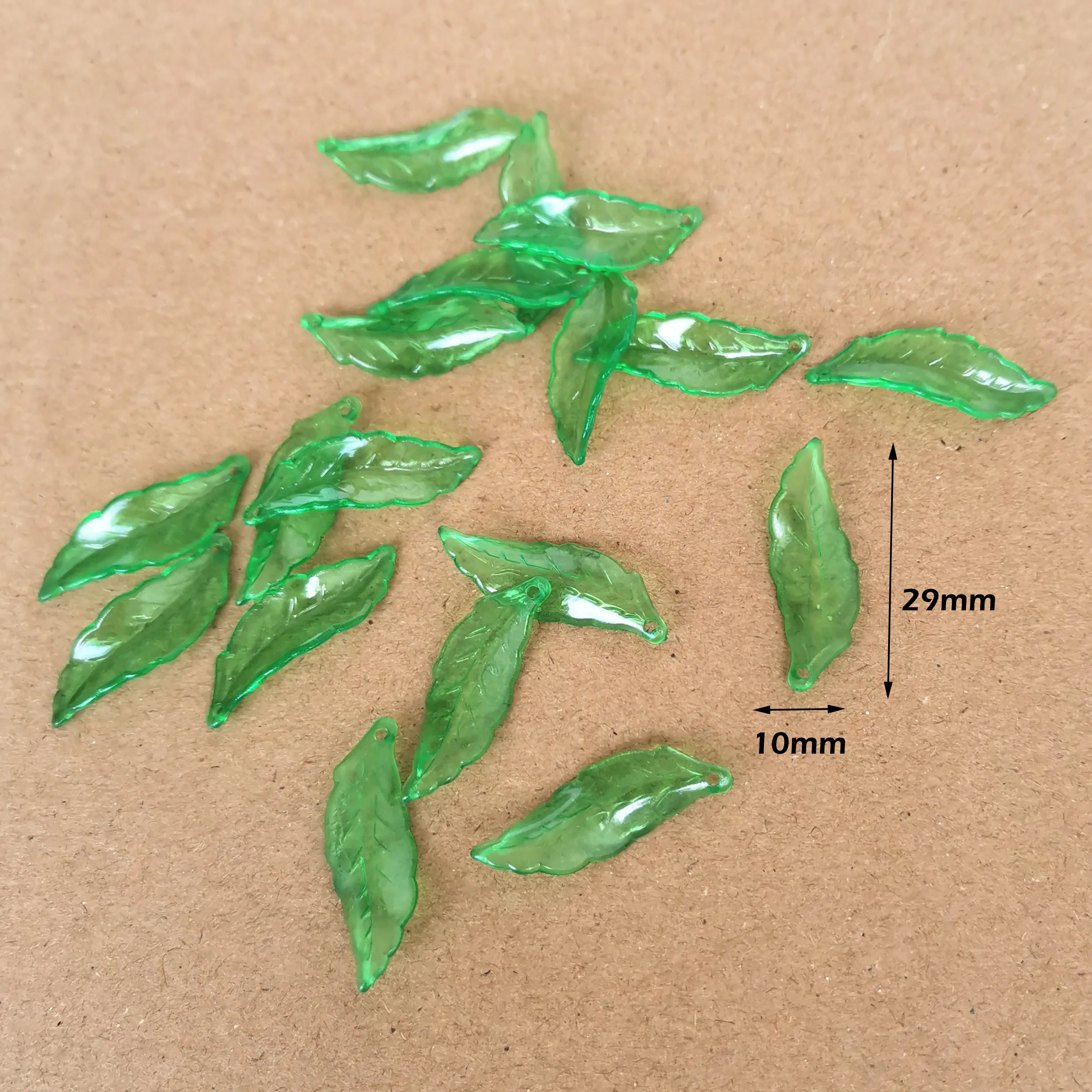 100 шт./лот, зеленый цвет, акриловые бусины в форме листа, аксессуары для DIY дизайна, ручная работа, около 26x8 мм, sp105