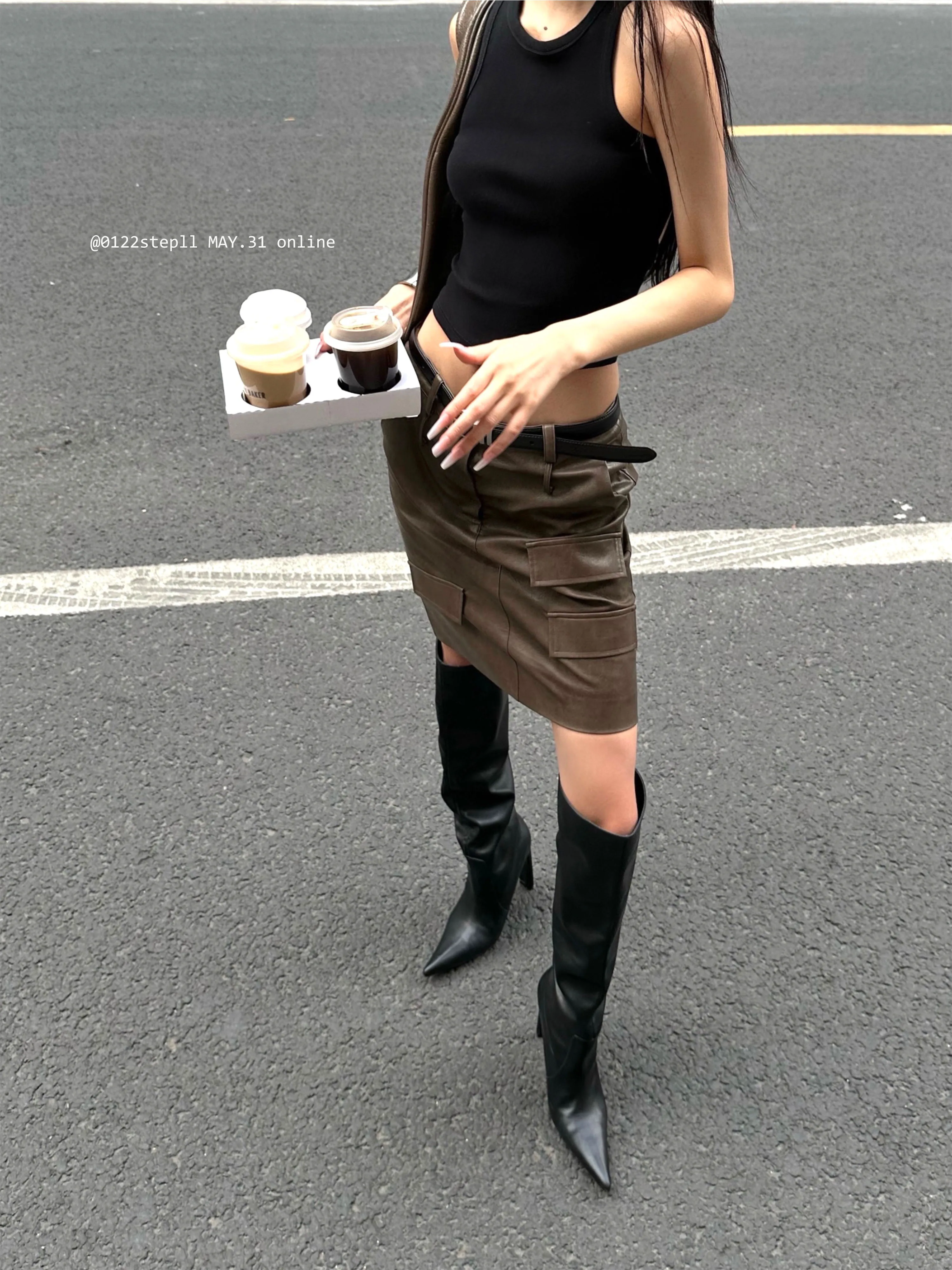 022stepll Functional Deconstruction Short Low Waist Skirt Women's Retro Senior Brown Sling Tube Top Set#