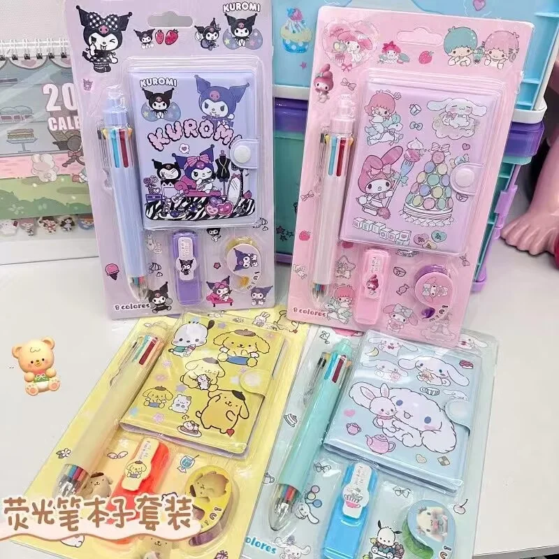 

4/12pcs Sanrio Notebook Stationery Set Kuromi Cinnamoroll Melody 8-color Pen Fluorescent Pen Sticker School Supplies Wholesale