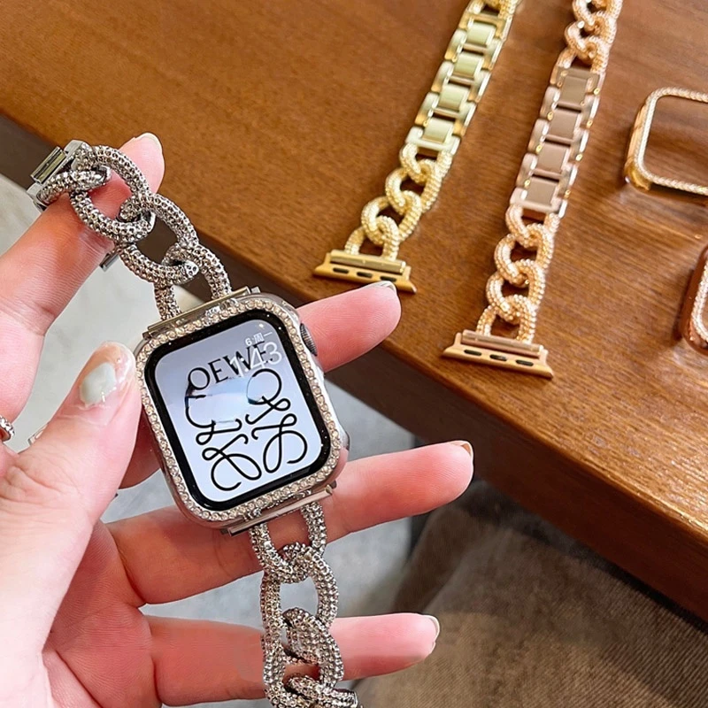 Продажа Браслет из нержавеющей стали с бриллиантами для Apple Watch, золотистый ремешок 38 мм 40 мм Se 76543 41 45, роскошный женский браслет для IWatch серии 42 мм 44