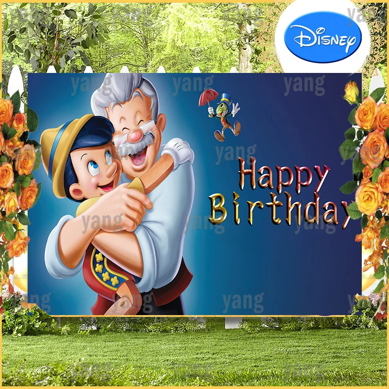 Disney Cartoon Cute Grandpa Carpenter Held Pinocchio Background Banner Happy Birthday Party Decoration Baby Shower Backdrop