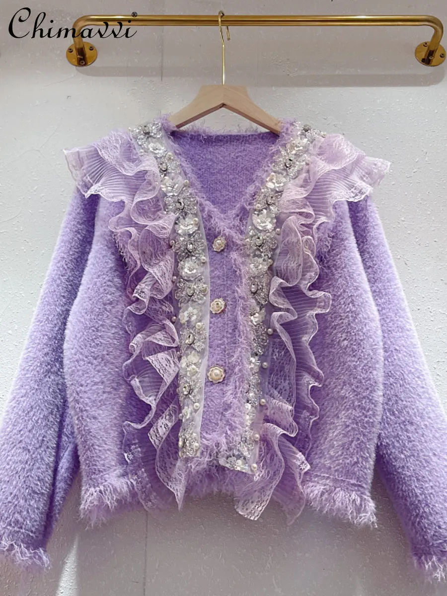 

Новинка Осень-зима 2022 изысканный кардиган Стразы с французской кисточкой и V-образным вырезом кружевной милый норковый свитер пальто для же...