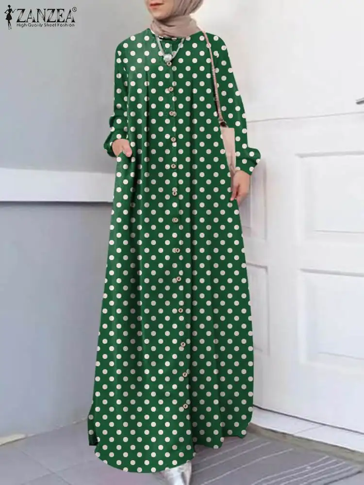 

Vintage Polka Dot Print Muslim Dress Women Spring Long Sleeve Dubai Turkey Abaya Hijab Dress ZANZEA Robe Femme Islamic Clothing