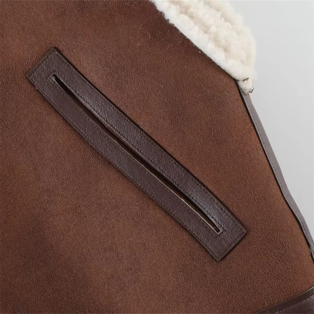 KEYANKETIAN Women's Heavy suede lamb coat Winter new dark brown zipper short faux leather waistcoat thermal vest