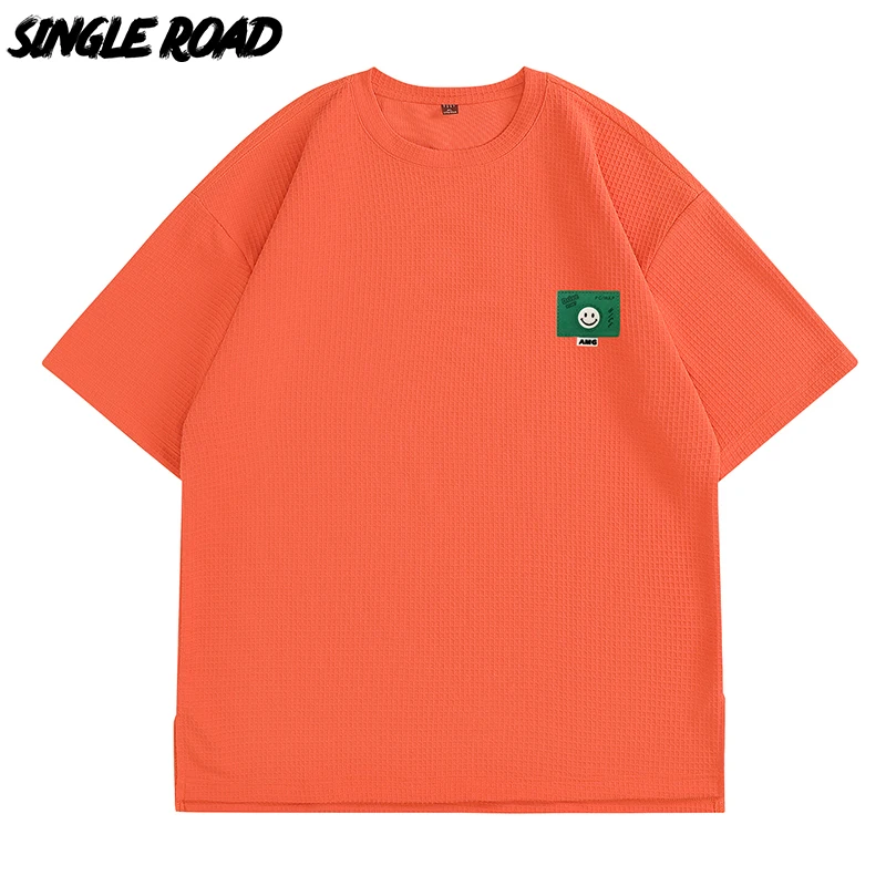 

Single Road Men's Oversized T-Shirt Men Plus Size 2022 Waffle Hip Hop Y2K Korean Streetwear Harajuku Orange Tee Shirt For Men