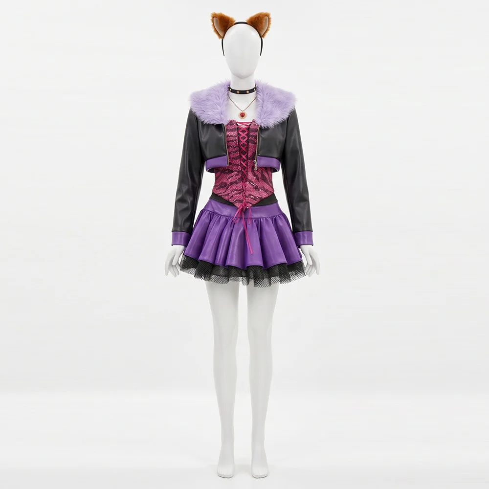 Фото Косплей костюм Clawdeen Wolf, фиолетовое сексуальное платье в стиле готик-панк Y2K для женщин, наряд девушки-волка на Хэллоуин с волчьими ушами №4