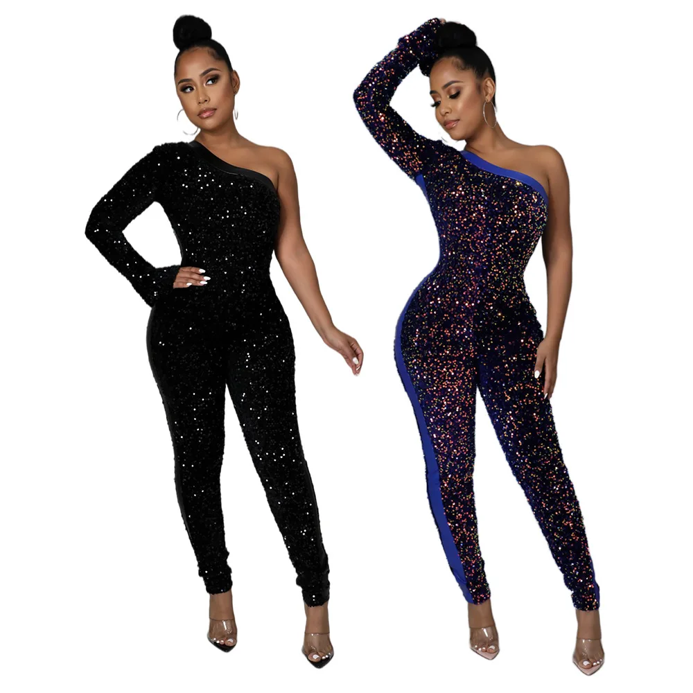 

Jumpsuits Women Elegant Sequins Bandage Romper Club Wear Sexy One Shoulder Bodycon Rompers Womens Jumpsuit Spring