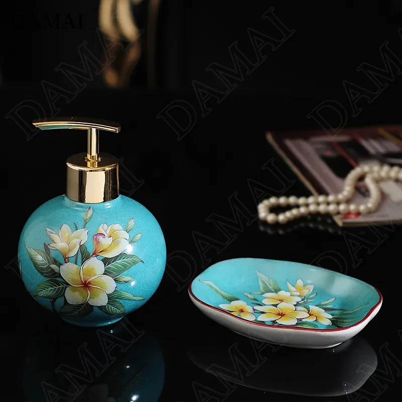 

Chinese Flower Painting Ceramic Soap Dispenser Household Bathroom Accessories Set Painted Flowers Bird Decorative Shampoo Bottle