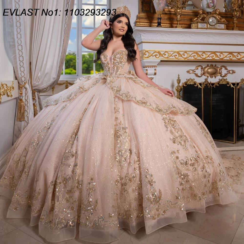 Фото EVLAST блестящее розовое платье Quinceanera по индивидуальному заказу, бальное платье с золотыми блестками, аппликация, бант из бисера, милое платье 16, Vestidos De 15 Anos E1QN685 №1