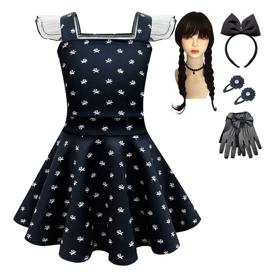 

Kids Cosplay Addmas Party Dancing Dress 2023 New Movie Wednesday Costume Children Carvinal Fancy Printing Clothes 4-12Years Old