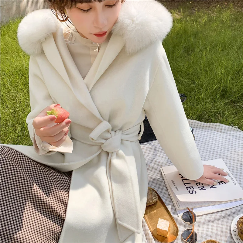 New Winter Women Real Fur Coat 100% Cashmere Jacket Long Natural Fox Fur Collar Fashion Streetwear Female Overcoat