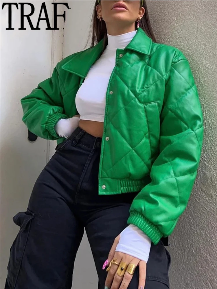 

TRAF Parkas Green Leather Jacket Women Short Padded Quilted Jacket Parka Bubble Coat Winter Woman Coat 2022 Very Warm Outerwear