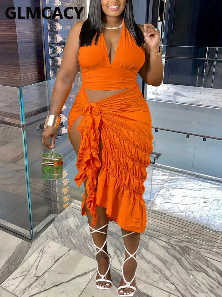

Women Two Piece Summer Sexy Dress Suits Halter Backless Crop Top & Tied Slit Bodycon Skirt Set