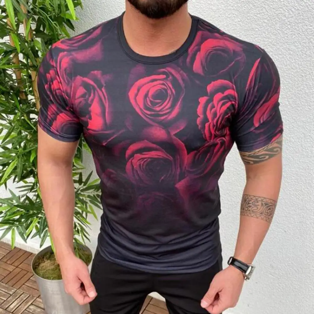 

Trendy T-shirt Quick Dry Casual Men Top Round Neck Rose Print Men Top