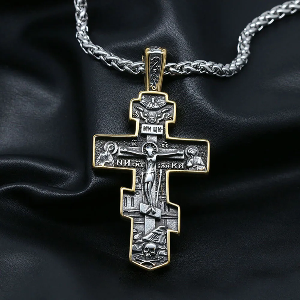 

Vintage Stainless Steel Jesus Cross Necklace Men Chain Biker Amulet Cross Orthodox Pendant Necklace Jewelry Gift Wholesale