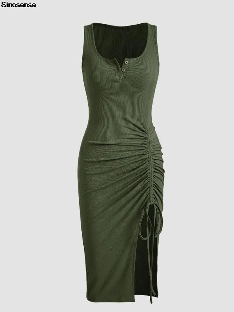 

Women Summer Ribbed Tank Dress V Neck Slim Fit Sleeveless Button Front Ruched Drawstring Tie Side Bodycon Midi Club Party Dress