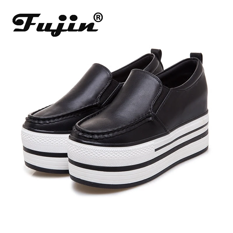 Fujin 8cm Super High Platform Wedge Sneakers Women Shoes White Genuine Leather Slip on Breathable Comfy Women Summer Shoes