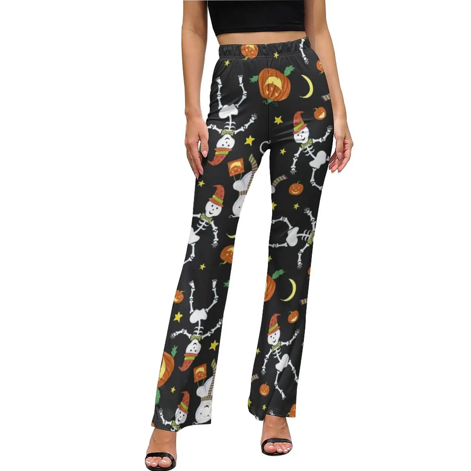 

Funny Ghost Print Casual Pants Autumn Halloween Skeleton Modern Flare Trousers Elastic Waist Slim Fit Stretch Street Style Pants
