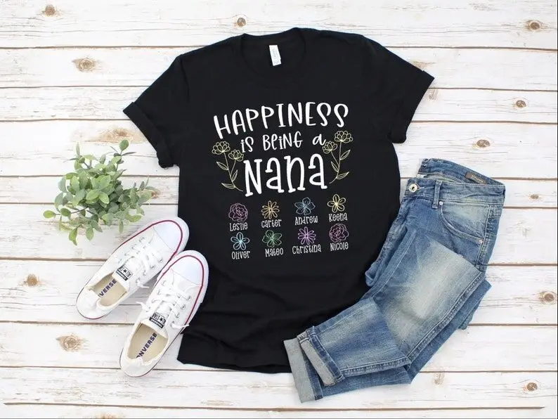 

Nana Flower Shirt Cute Customized Grandkids Names Gift Happiness Is Being A Gift Sleeve 100% Cotton Top Tee etter O Neck goth