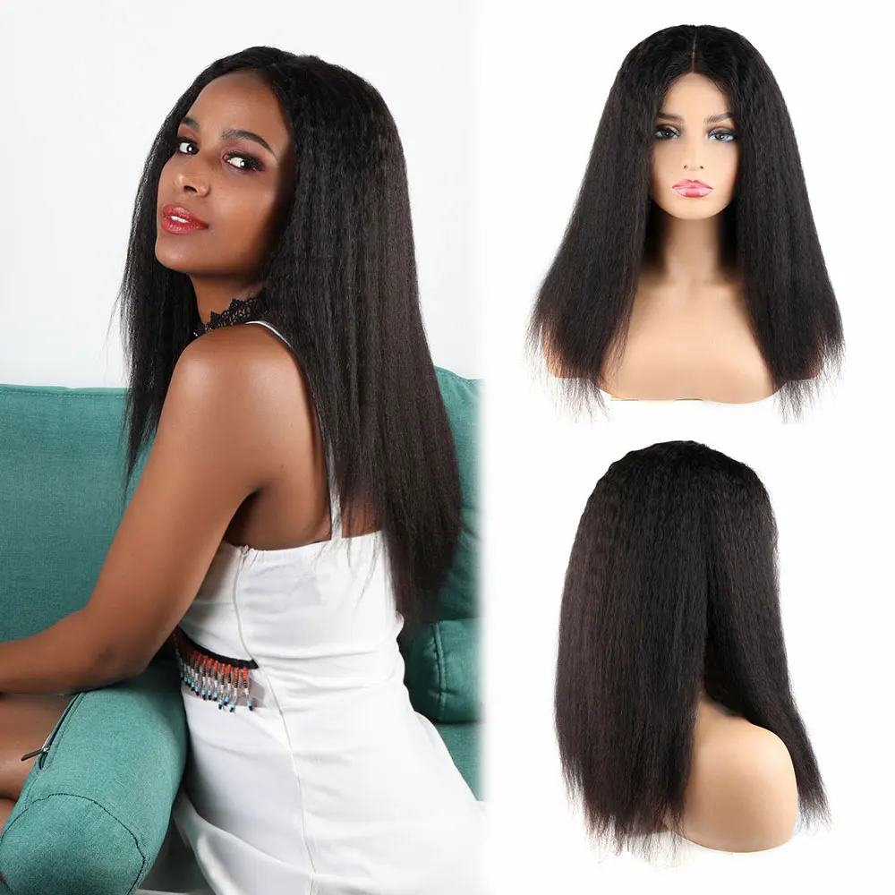 Toocci 22inches Kinky Straight Wig 180% Density Black Yaki Straight Lace Front Wig for Women Glueless Pre Plucked Human Hair Wig