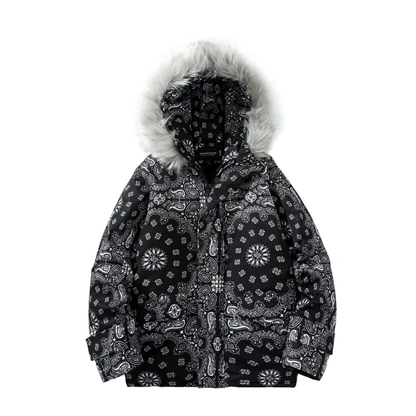

Bandana Print Winter Jacket Men Fur Collar Paisley Oversize Male Baggy Winter Coat Man Hip Hop Thick Padded Clothing Parka