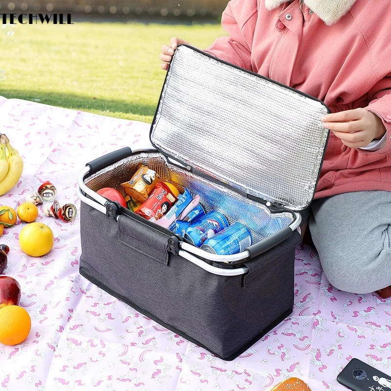 

Складные сумки для пикника и кемпинга, изолированная сумка-холодильник с ручкой, крутая корзина для хранения, сумка, уличная портативная Ко...