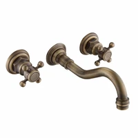 antique brass basin faucet dual handles retro style wall mounted for cold and hot water tap
