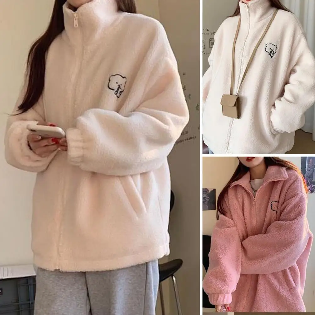 

Женский кардиган свободного покроя, зимнее пальто с длинным рукавом, модная пушистая флисовая куртка с вышивкой медведя, устойчивая к холод...