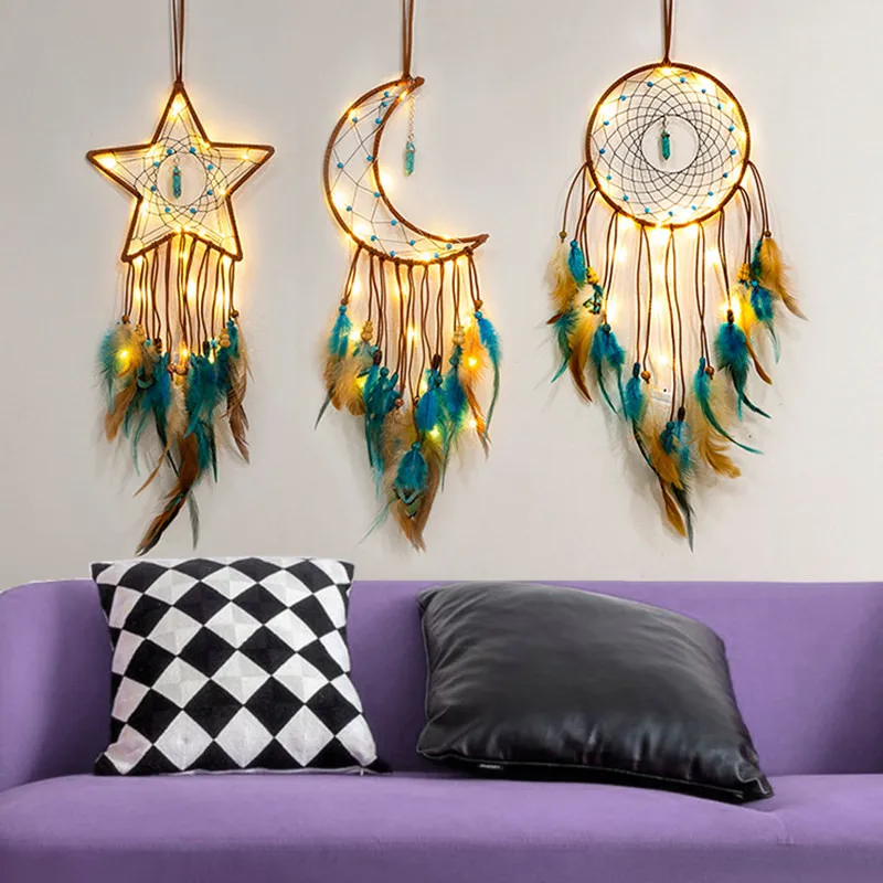 

Lucky Stone Pendant Dream Catcher Wall Hanging Home Decoration Moon Dreamcatcher Feather Indian Ornaments Decor for Kids Room