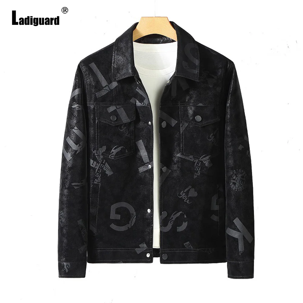 Ladiguard Men Trendy 2022 Zippers Tops Faux Pu Leather Jackets Plus Size Mens Letter Print Outerwear Slim Fitted Male Clothing