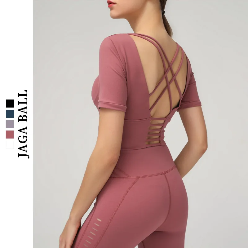 

Back Yoga Top Europe and America New Style Sports Fitness Short Sleeve Women's Tight Shock proof Sports Underwear