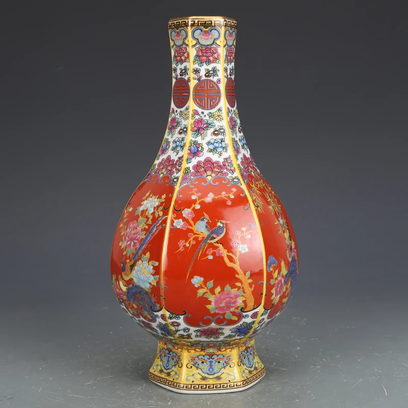 

Jingdezhen Ceramics Ornaments Yongzheng Enamel Hexagonal Vase Antique Porcelain Porch Dried Flower Vase