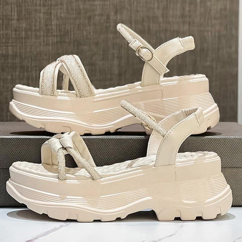 7CM Rhinestones Deco Knot Design Genuine Leather Fashion Women Sandals Soft Soles Platform Casual Woman Sandals Female Shoes